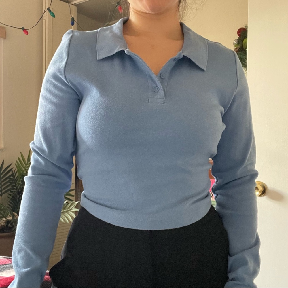 Aritzia sunday best cropped polo long sleeve in blue